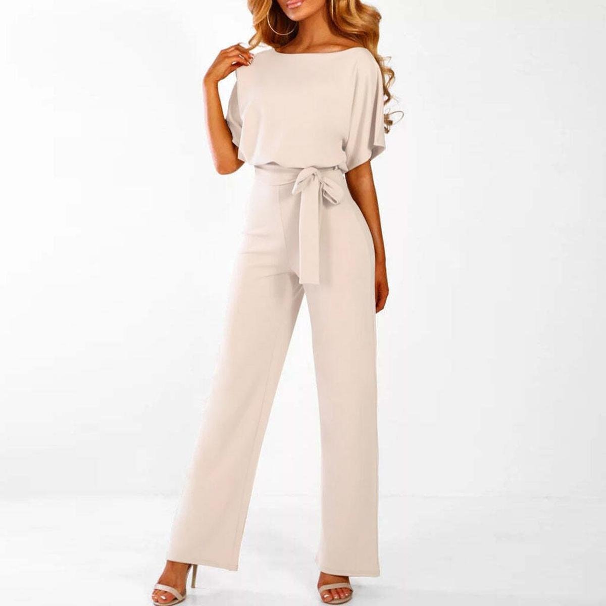 Femme Combinaison Pantalon Large Manches Courtes avec Ceinture à Nouer