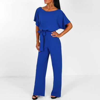 Femme Combinaison Pantalon Large Manches Courtes avec Ceinture à Nouer