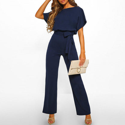 Femme Combinaison Pantalon Large Manches Courtes avec Ceinture à Nouer