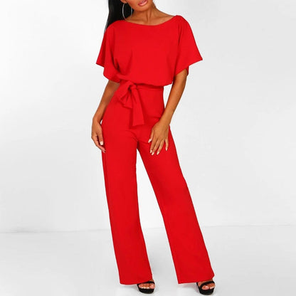 Femme Combinaison Pantalon Large Manches Courtes avec Ceinture à Nouer