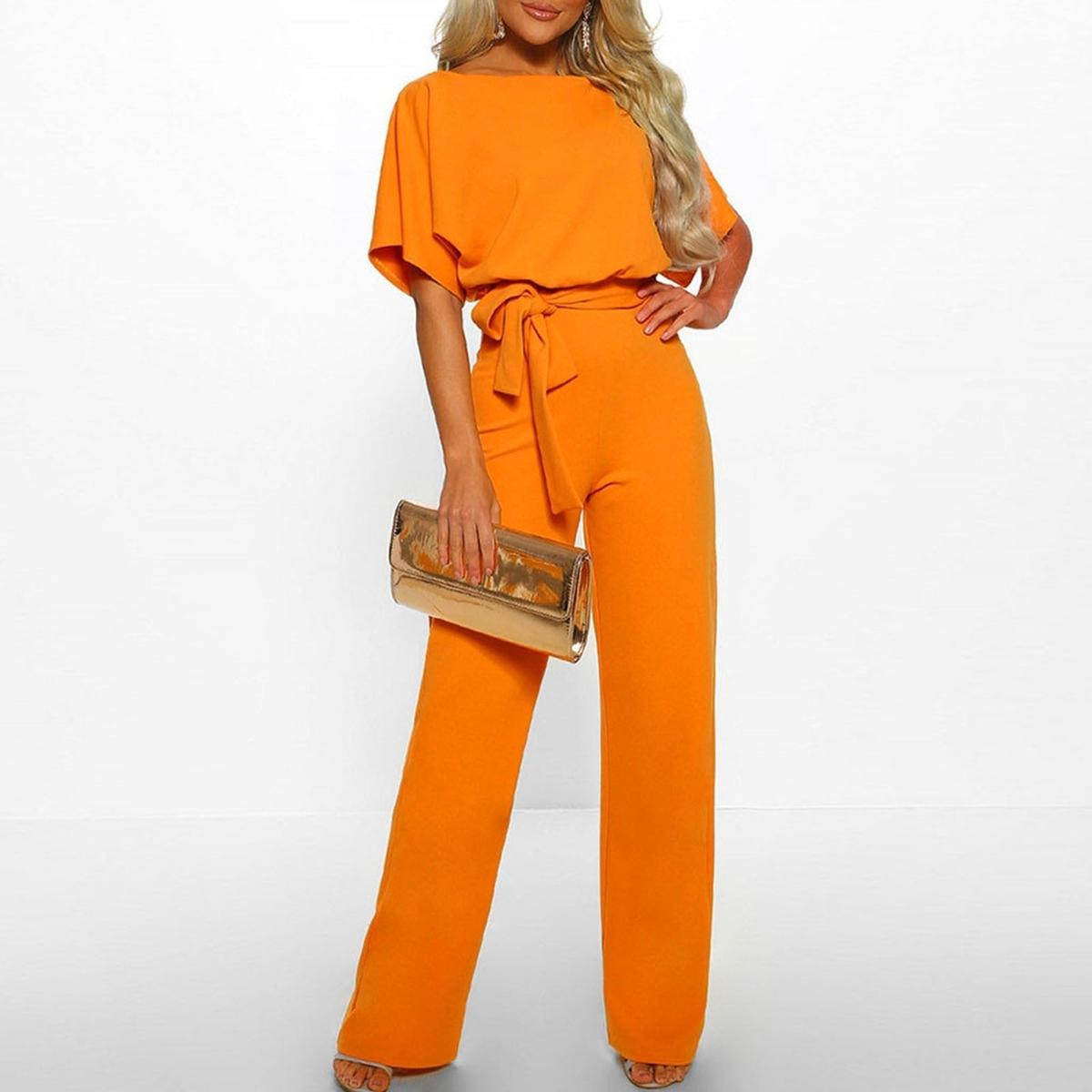Femme Combinaison Pantalon Large Manches Courtes avec Ceinture à Nouer