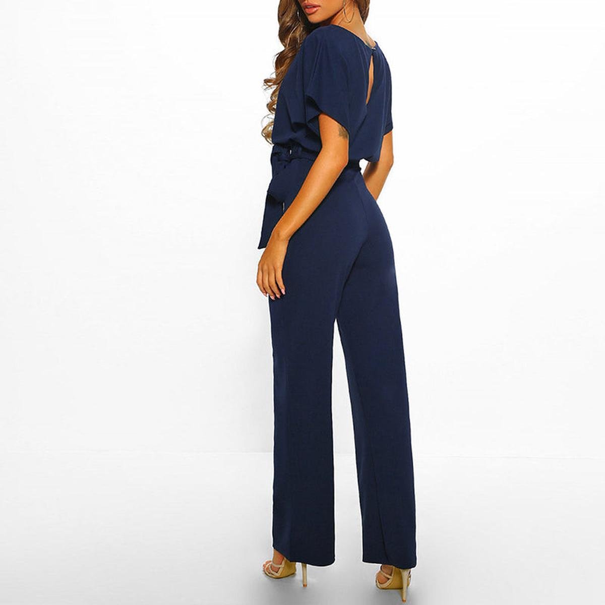 Femme Combinaison Pantalon Large Manches Courtes avec Ceinture à Nouer