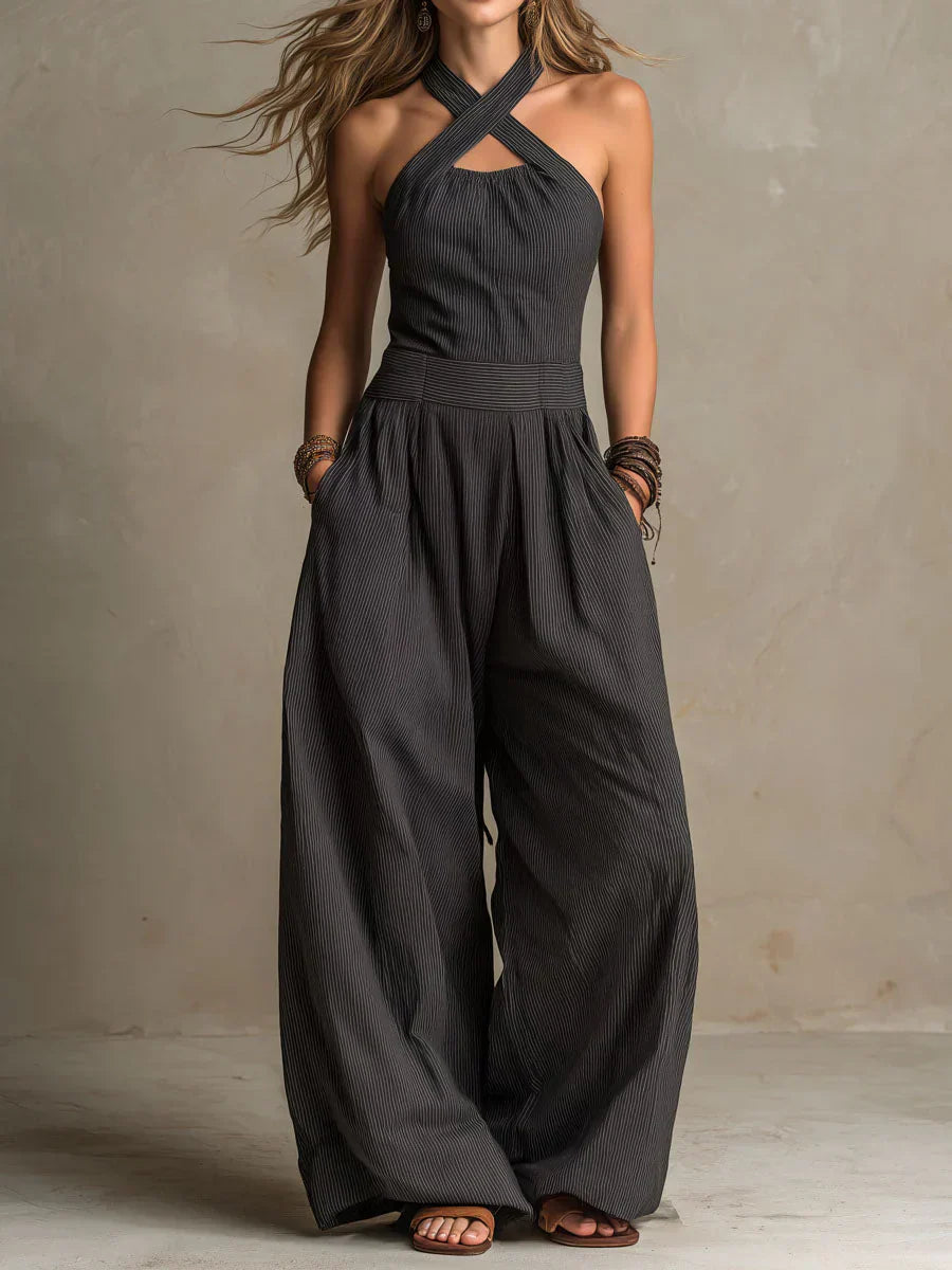 Femme Combinaison Pantalon Large sans Manches col Croisé Halter avec Poches