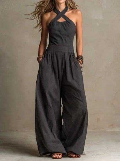 Femme Combinaison Pantalon Large sans Manches col Croisé Halter avec Poches