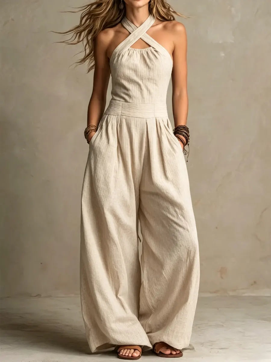 Femme Combinaison Pantalon Large sans Manches col Croisé Halter avec Poches