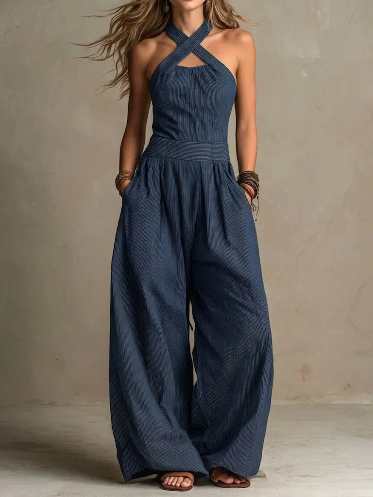 Femme Combinaison Pantalon Large sans Manches col Croisé Halter avec Poches