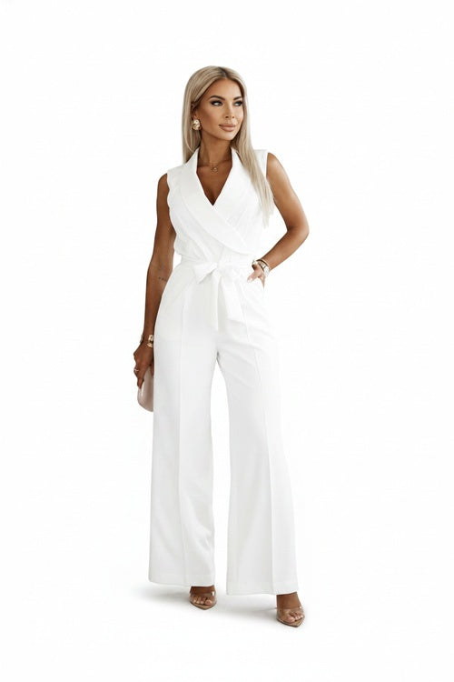 Femme Combinaison Sans Manches Col Blazer avec Jambes Larges et Ceinture