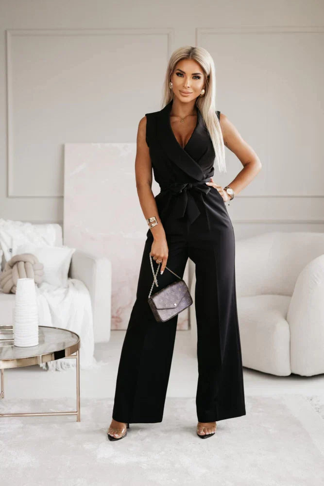 Femme Combinaison Sans Manches Col Blazer avec Jambes Larges et Ceinture
