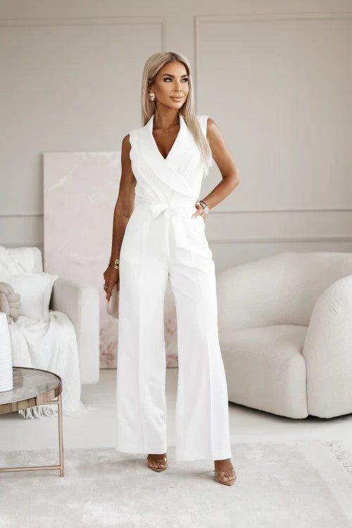 Femme Combinaison Sans Manches Col Blazer avec Jambes Larges et Ceinture