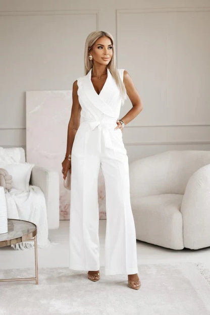 Femme Combinaison Sans Manches Col Blazer avec Jambes Larges et Ceinture