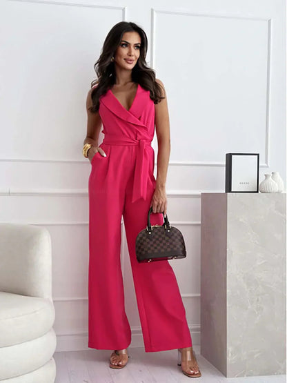 Femme Combinaison Sans Manches Col Blazer avec Jambes Larges et Ceinture