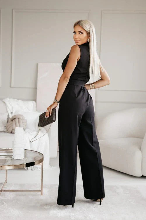 Femme Combinaison Sans Manches Col Blazer avec Jambes Larges et Ceinture