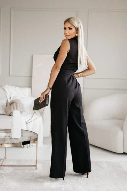 Femme Combinaison Sans Manches Col Blazer avec Jambes Larges et Ceinture