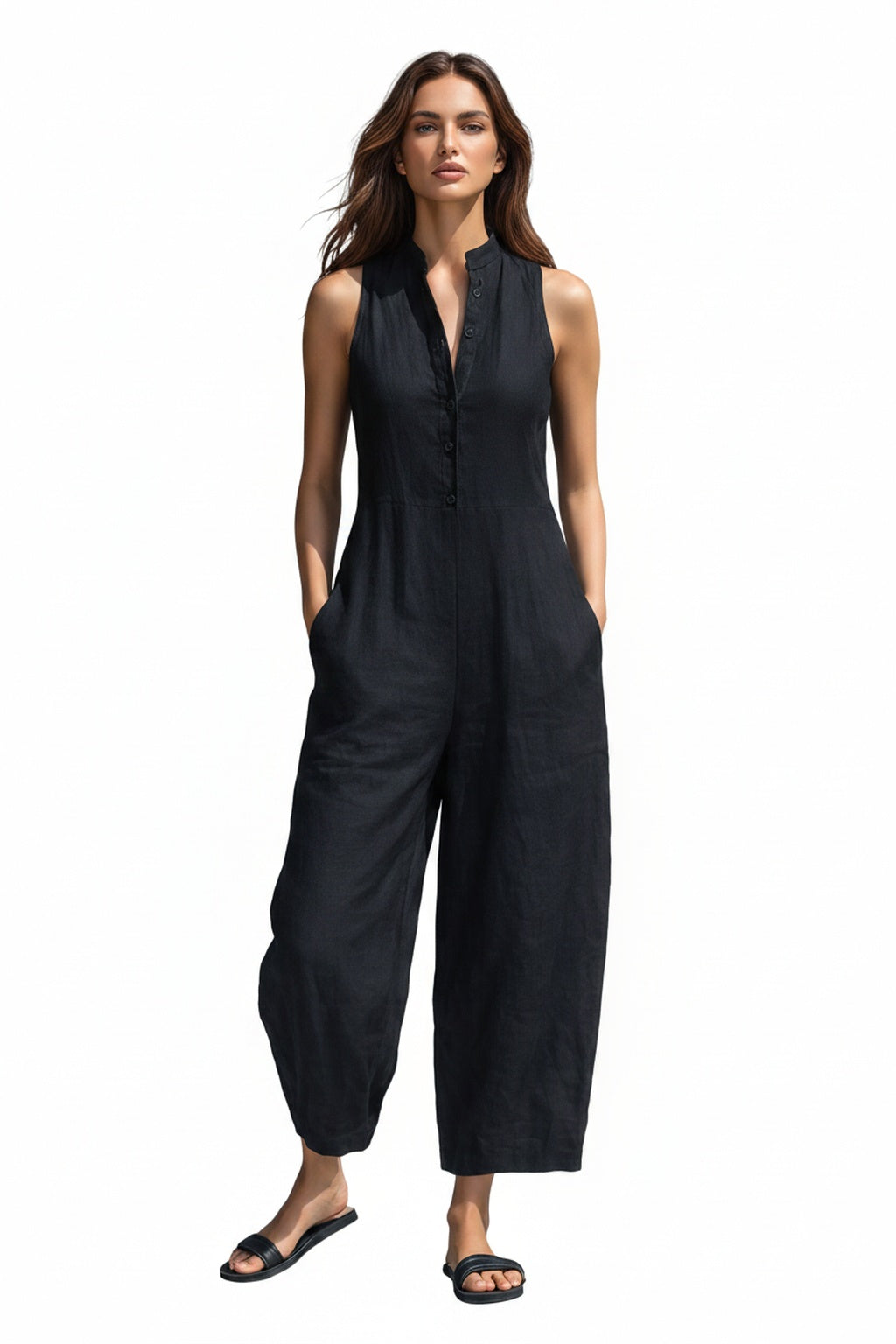 Femme Combinaison Sans Manches col Mao Jambe Large avec Poches
