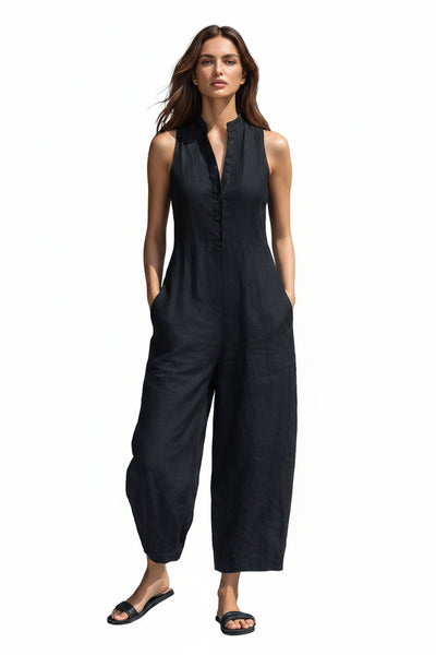 Femme Combinaison Sans Manches col Mao Jambe Large avec Poches
