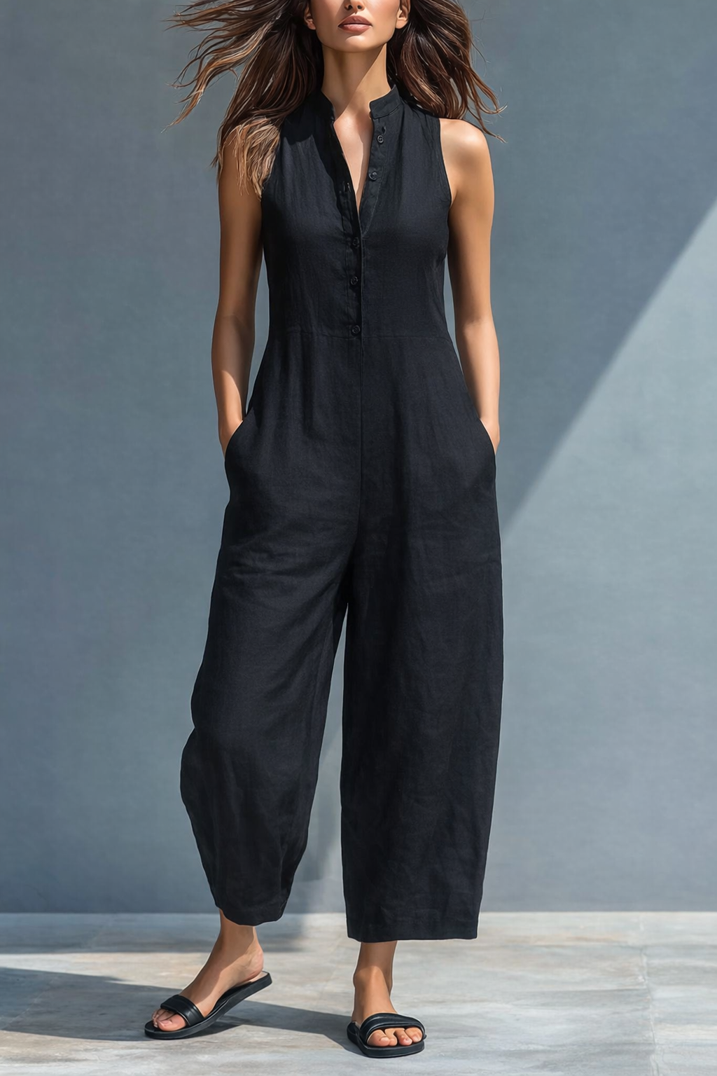Femme Combinaison Sans Manches col Mao Jambe Large avec Poches