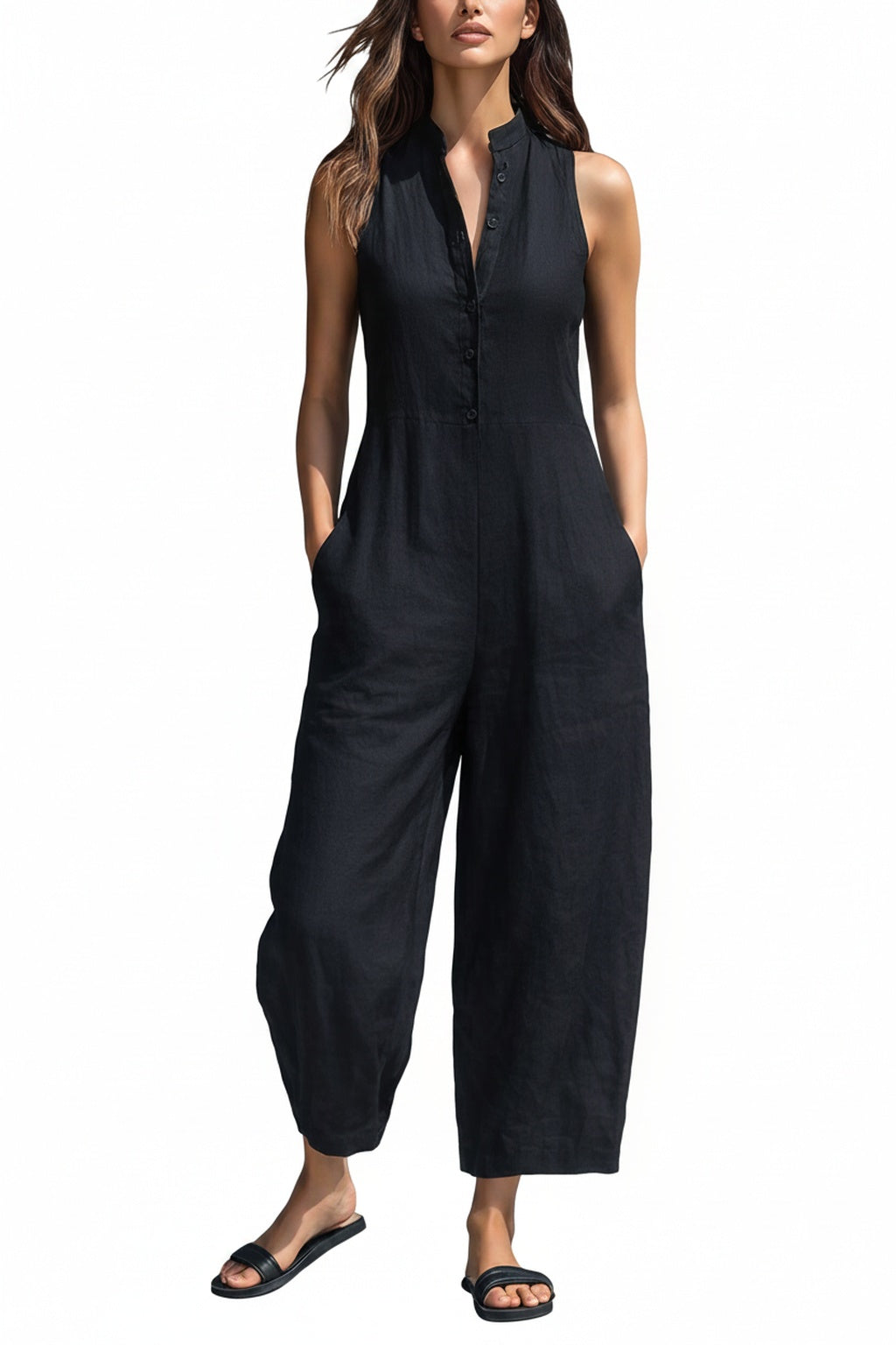 Femme Combinaison Sans Manches col Montant Jambe Large avec Poches