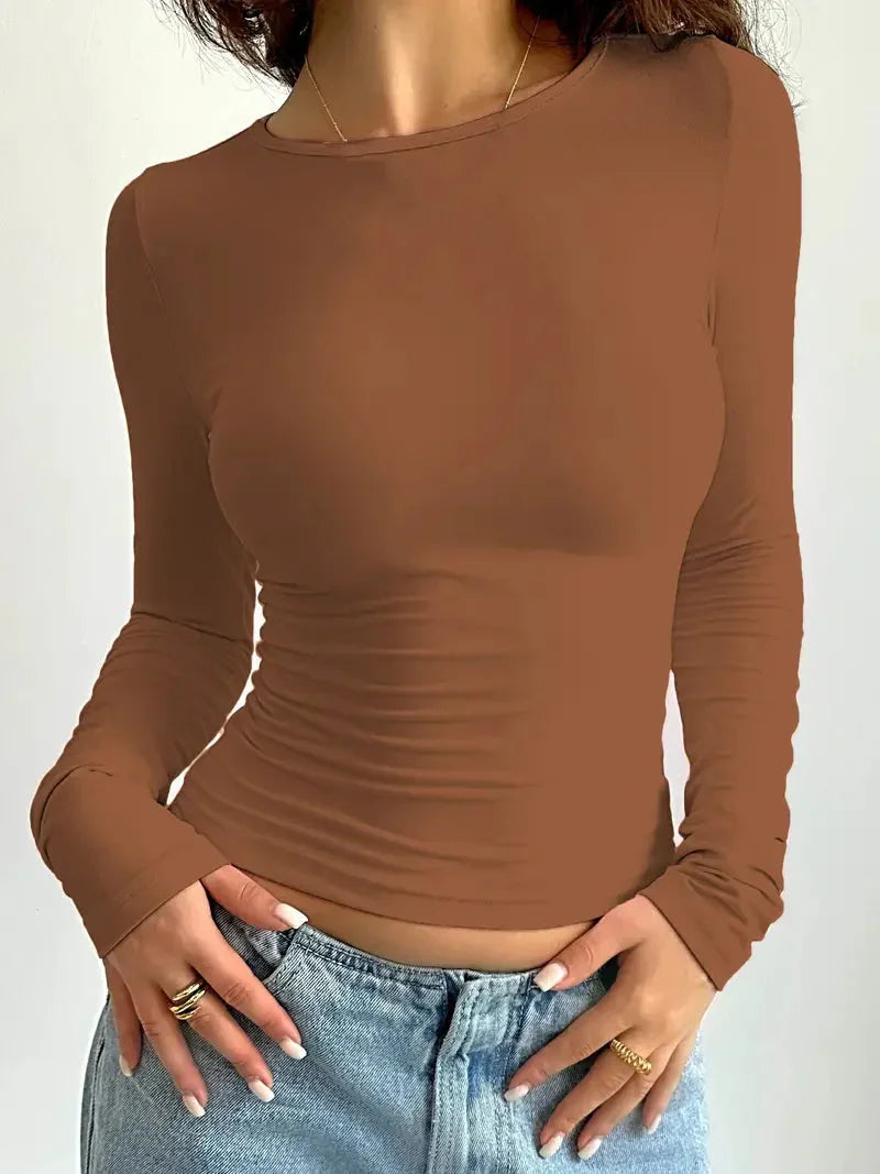 Femme Crop Top Manches Longues col Rond Slim Fit