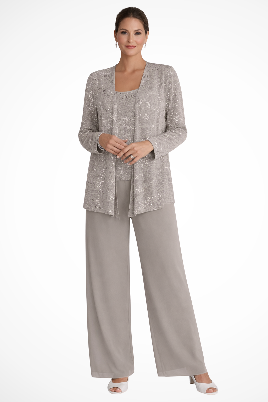 Femme Ensemble 3 Pièces de Soirée avec Veste à Paillettes et Pantalon Large