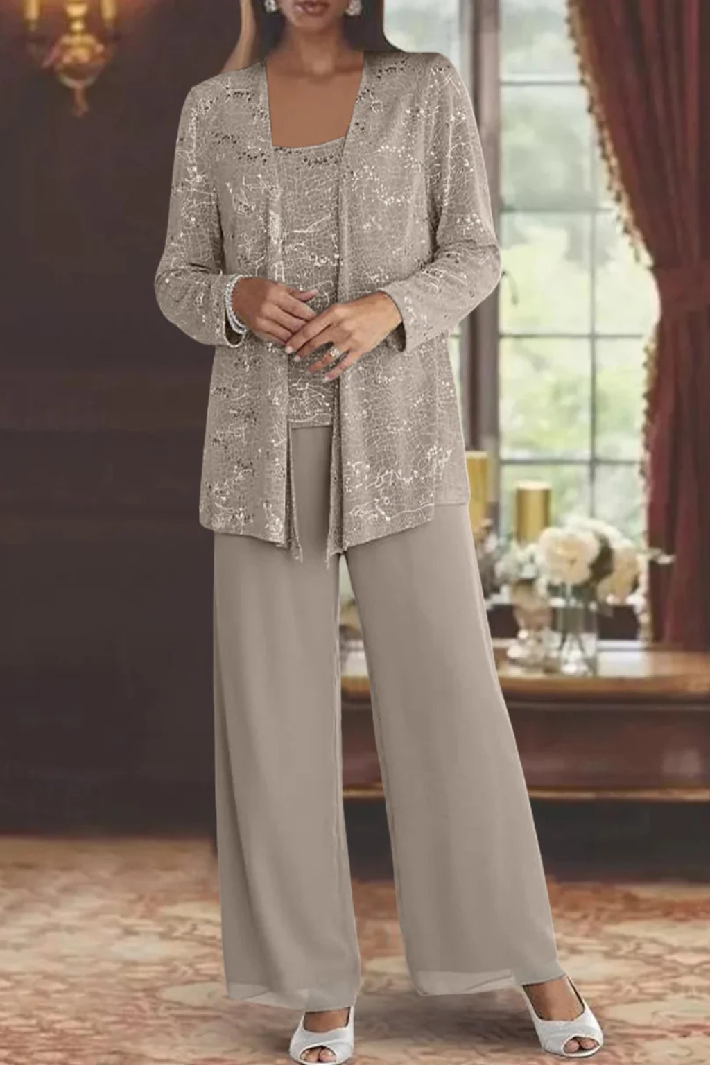 Femme Ensemble 3 Pièces de Soirée avec Veste à Paillettes et Pantalon Large