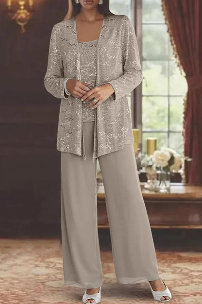 Femme Ensemble 3 Pièces de Soirée avec Veste à Paillettes et Pantalon Large