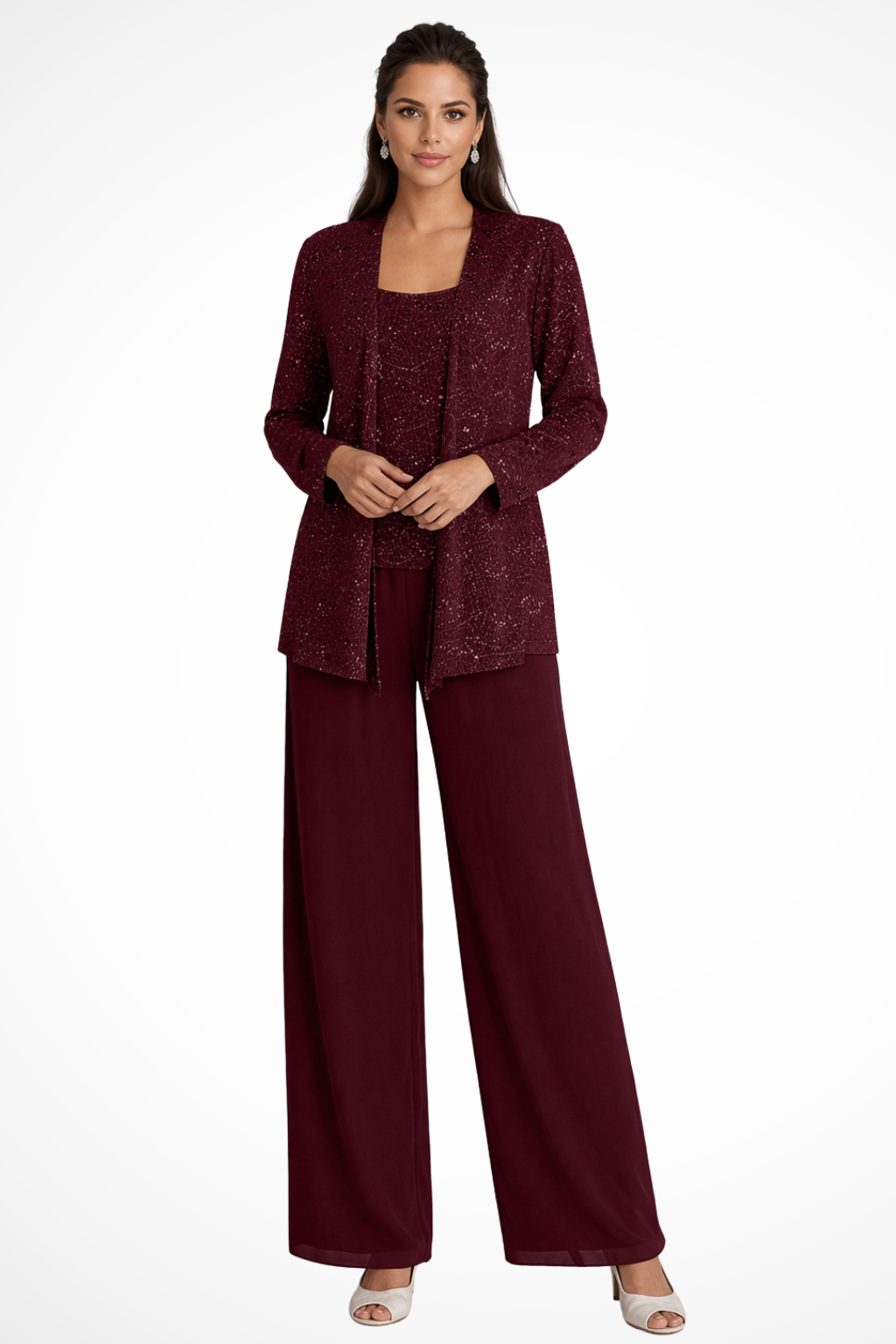 Femme Ensemble 3 Pièces de Soirée avec Veste à Paillettes et Pantalon Large