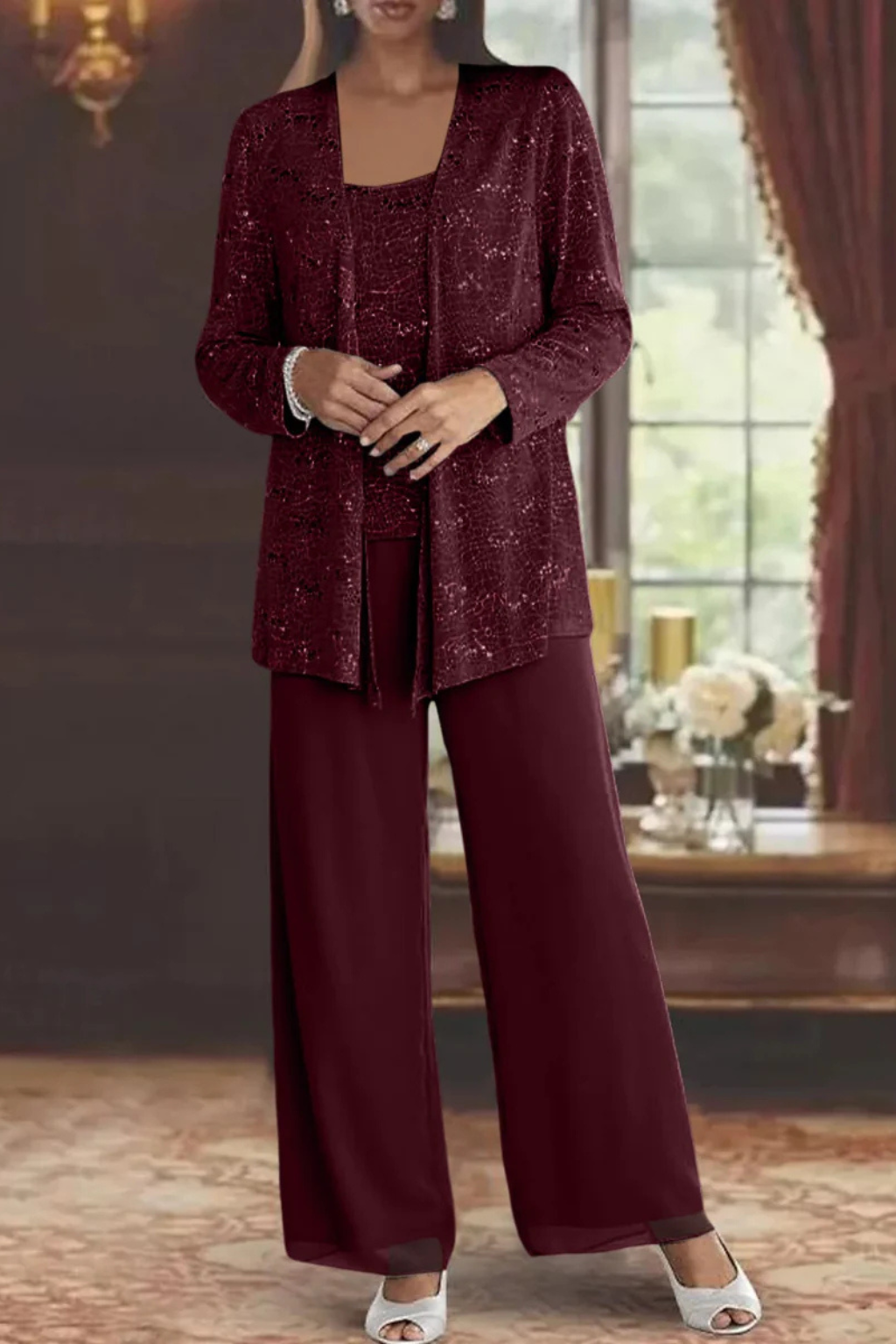 Femme Ensemble 3 Pièces de Soirée avec Veste à Paillettes et Pantalon Large