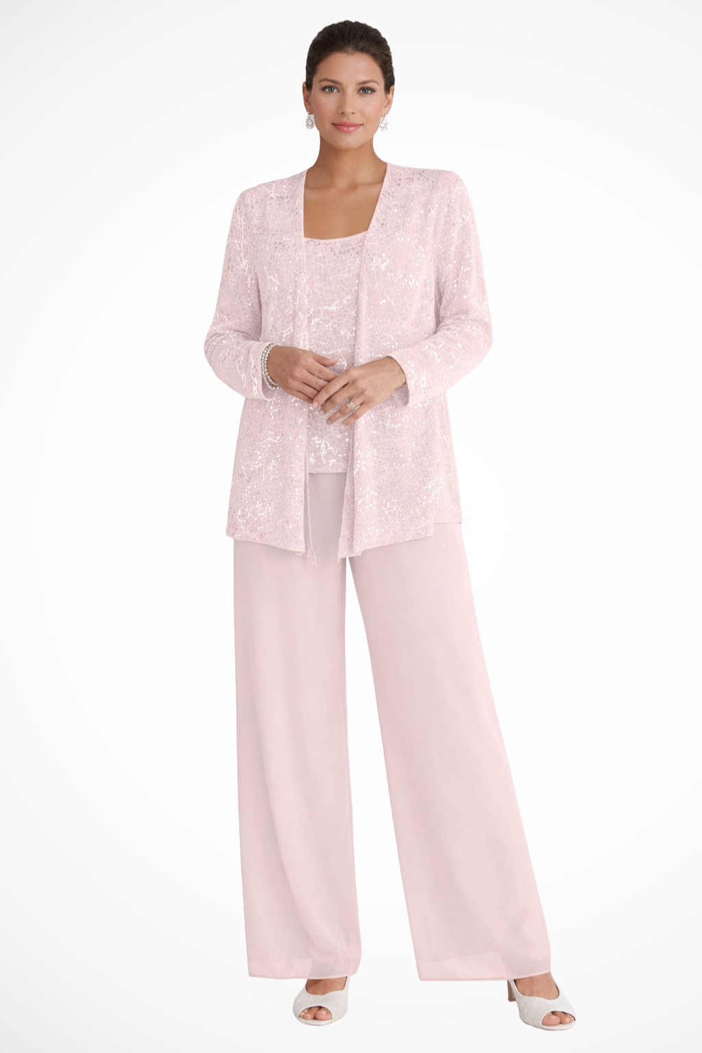 Femme Ensemble 3 Pièces de Soirée avec Veste à Paillettes et Pantalon Large