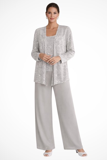 Femme Ensemble 3 Pièces de Soirée avec Veste à Paillettes et Pantalon Large