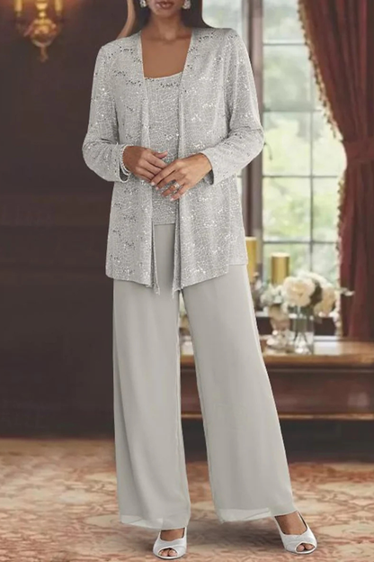 Femme Ensemble 3 Pièces de Soirée avec Veste à Paillettes et Pantalon Large