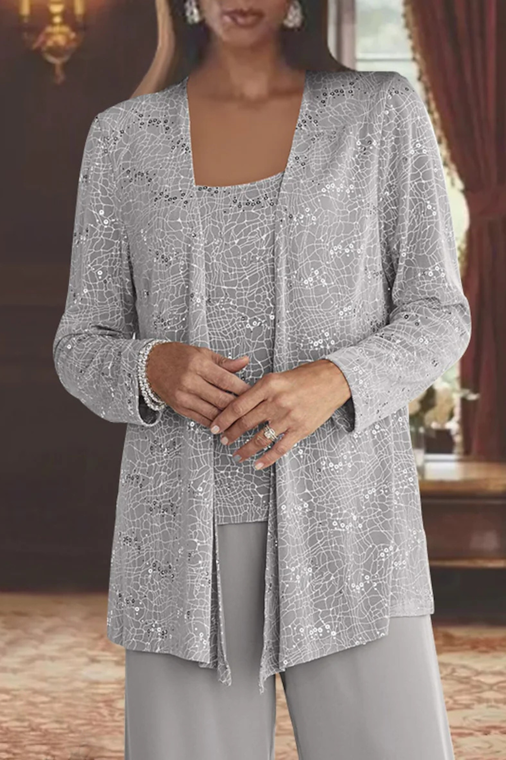 Femme Ensemble 3 Pièces de Soirée avec Veste à Paillettes et Pantalon Large