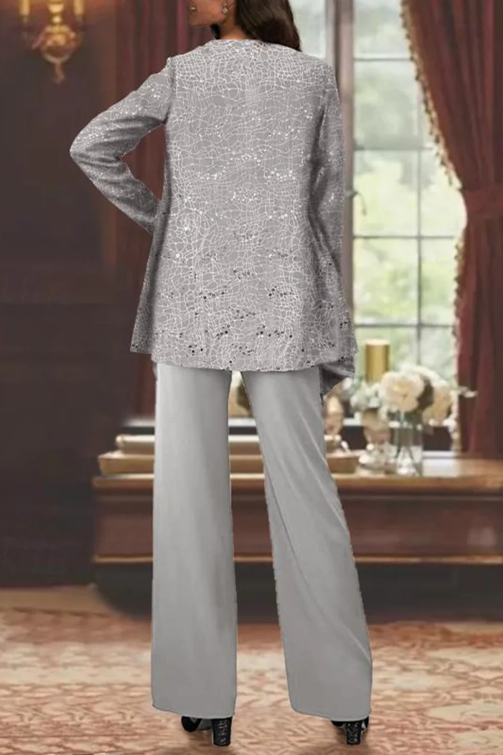 Femme Ensemble 3 Pièces de Soirée avec Veste à Paillettes et Pantalon Large
