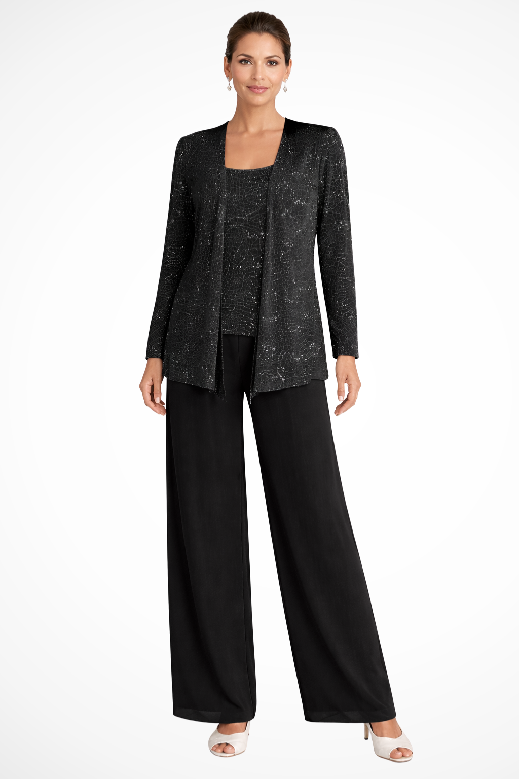 Femme Ensemble 3 Pièces de Soirée avec Veste à Paillettes et Pantalon Large