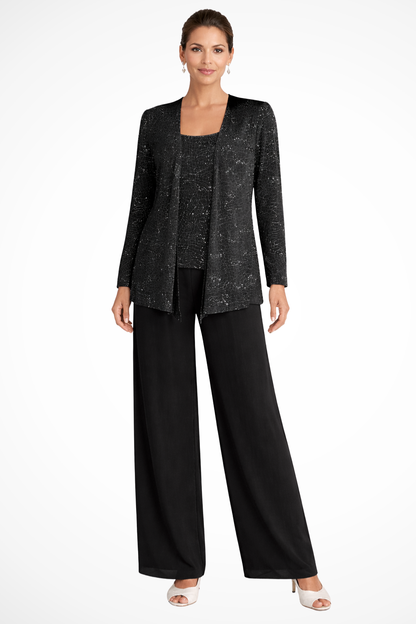 Femme Ensemble 3 Pièces de Soirée avec Veste à Paillettes et Pantalon Large