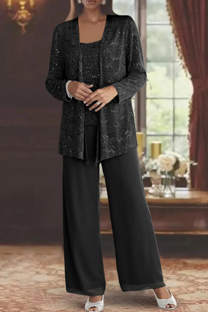 Femme Ensemble 3 Pièces de Soirée avec Veste à Paillettes et Pantalon Large