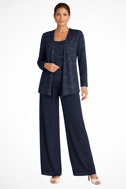 Femme Ensemble 3 Pièces de Soirée avec Veste à Paillettes et Pantalon Large