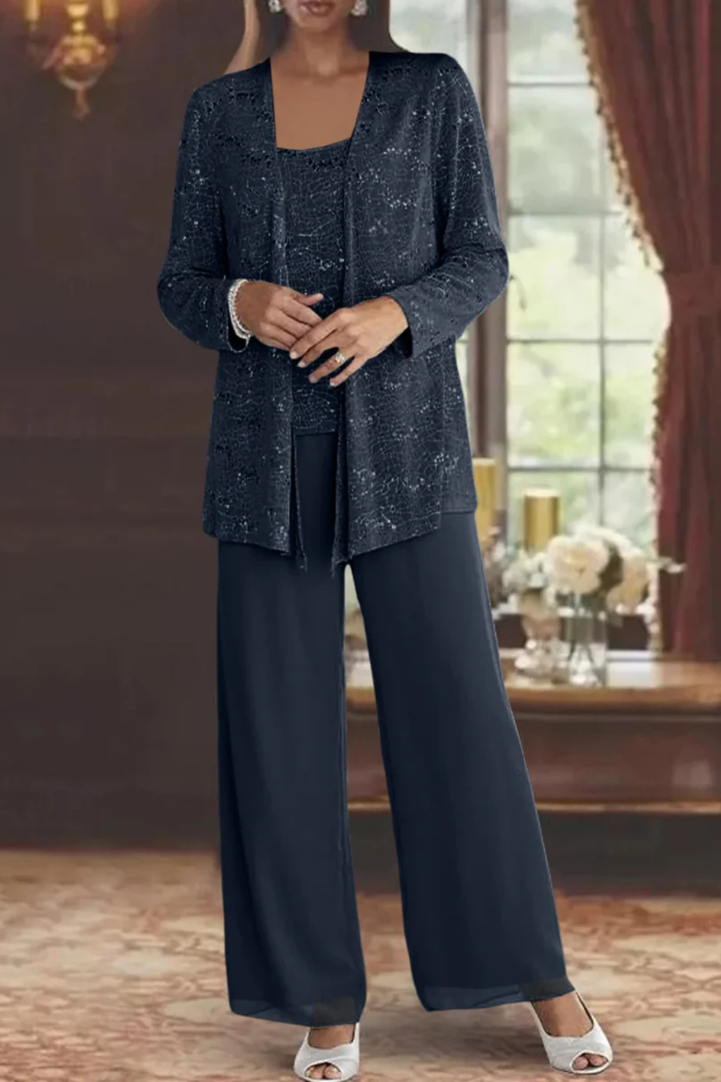 Femme Ensemble 3 Pièces de Soirée avec Veste à Paillettes et Pantalon Large
