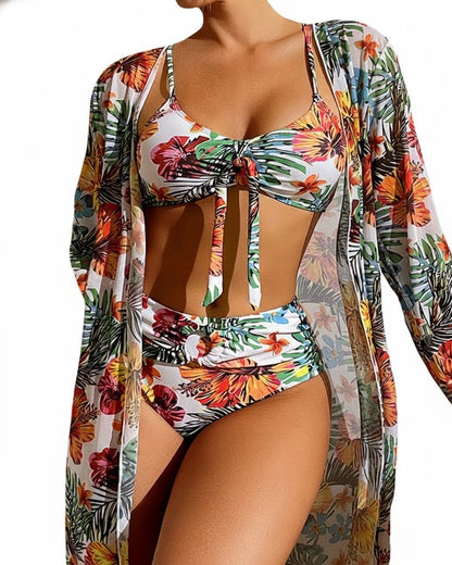 Femme Ensemble Bikini Trois Pièces à Imprimé Floral Tropical avec Kimono