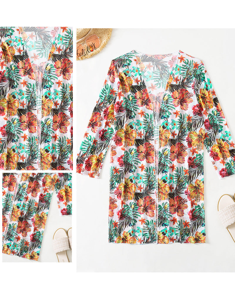 Femme Ensemble Bikini Trois Pièces à Imprimé Floral Tropical avec Kimono
