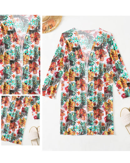 Femme Ensemble Bikini Trois Pièces à Imprimé Floral Tropical avec Kimono