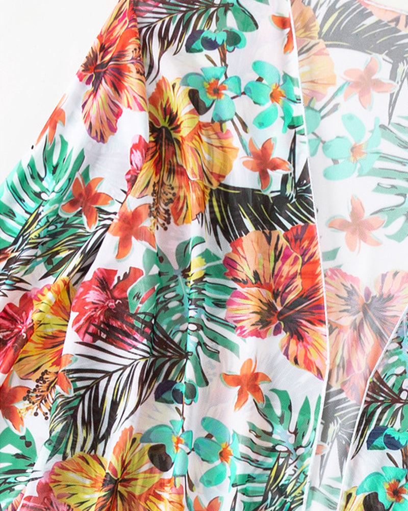 Femme Ensemble Bikini Trois Pièces à Imprimé Floral Tropical avec Kimono