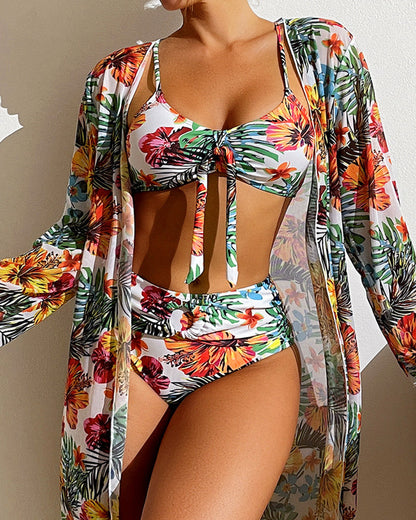 Femme Ensemble Bikini Trois Pièces à Imprimé Floral Tropical avec Kimono