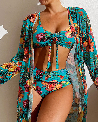 Femme Ensemble Bikini Trois Pièces à Imprimé Floral Tropical avec Kimono