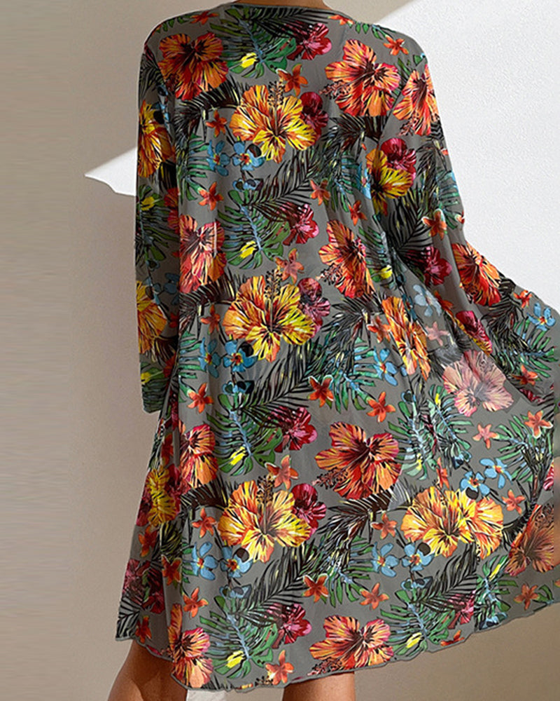 Femme Ensemble Bikini Trois Pièces à Imprimé Floral Tropical avec Kimono