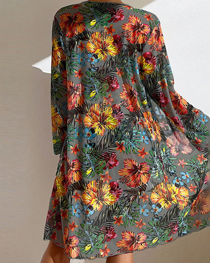 Femme Ensemble Bikini Trois Pièces à Imprimé Floral Tropical avec Kimono