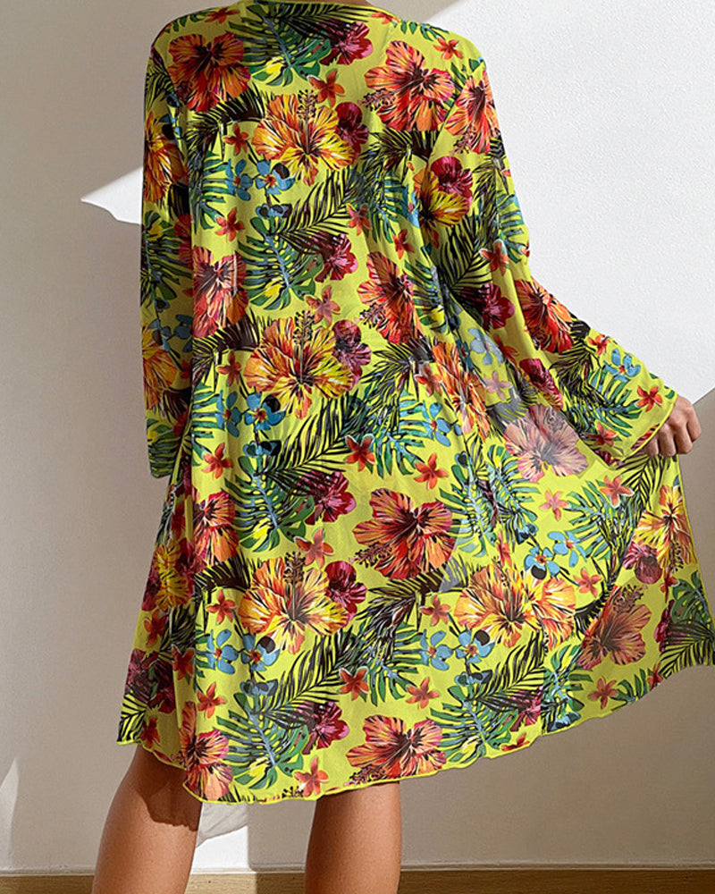 Femme Ensemble Bikini Trois Pièces à Imprimé Floral Tropical avec Kimono