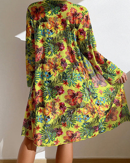 Femme Ensemble Bikini Trois Pièces à Imprimé Floral Tropical avec Kimono