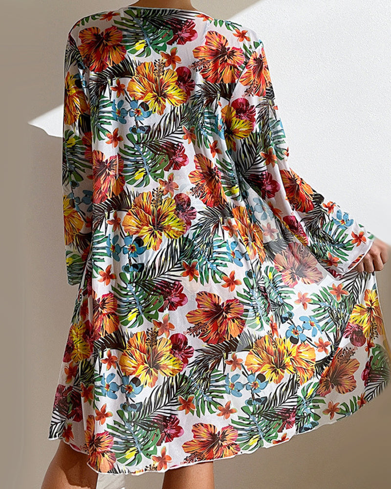 Femme Ensemble Bikini Trois Pièces à Imprimé Floral Tropical avec Kimono