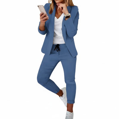 Femme Ensemble Blazer et Pantalon à Cordon Manches Longues Col Châle