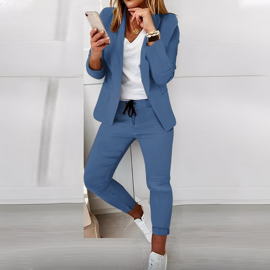 Femme Ensemble Blazer et Pantalon à Cordon Manches Longues Col Châle